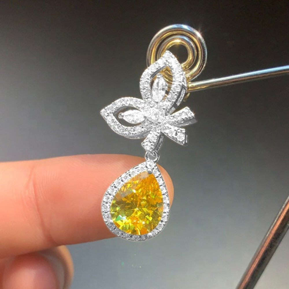 NEW Gold Diamond Butterfly Teardrop Citrine Halo Earrings - Picture 6 of 10